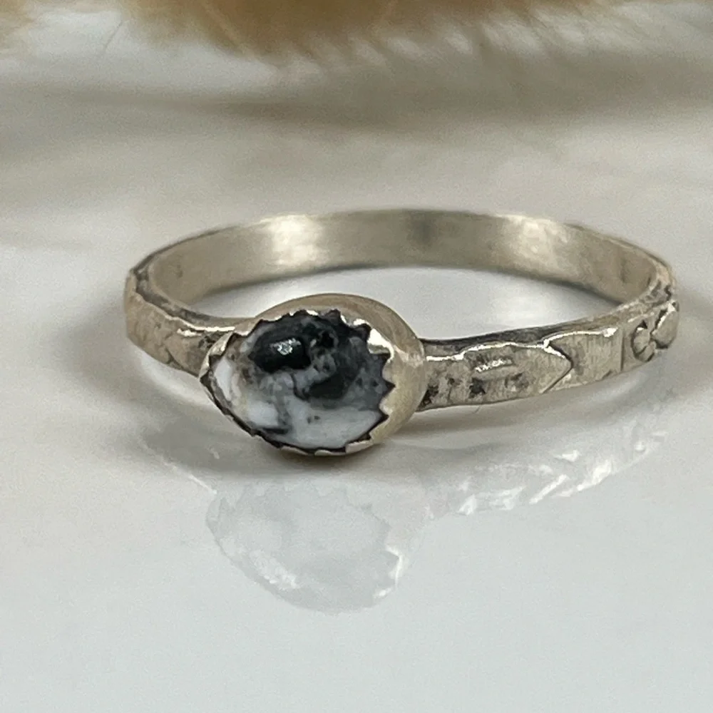 Solid 925 Sterling Silver Matte Finish White Buffalo Gemstone Ring Size 9.25